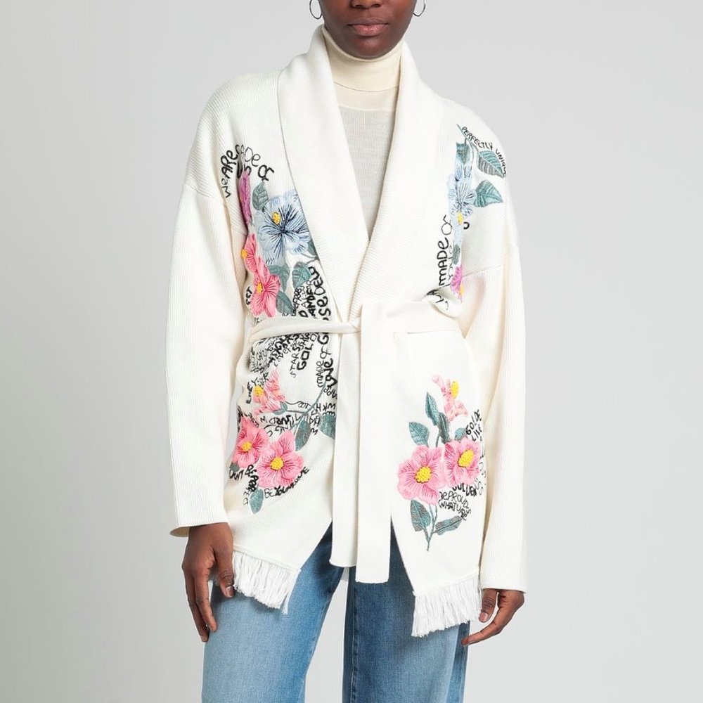 $1300 NWT Golden Goose Ivory Embroidered Fringe Sweater With Belt Size M